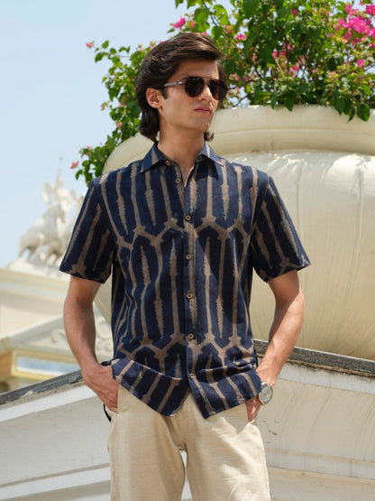 Sanmoh - Indigo Block Print Organic Shirt | Half Sleeve – Mens Shirt by Vasudhaa Vastrram available on Brown Living™. S . SKU: VBLHS6S001M5005. Img 1.