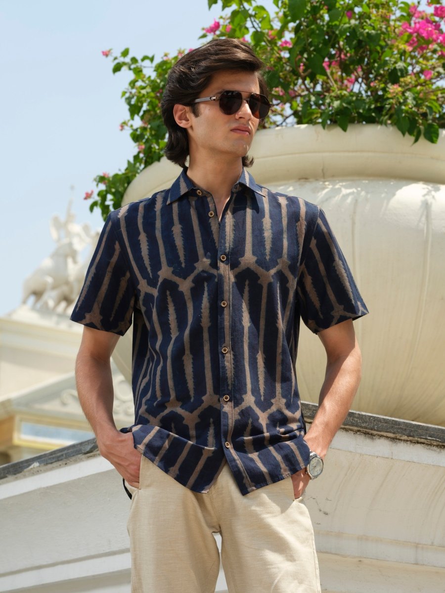 Sanmoh - Indigo Block Print Organic Shirt | Half Sleeve – Mens Shirt by Vasudhaa Vastrram available on Brown Living™. S . SKU: VBLHS6S001M5005. Img 1.