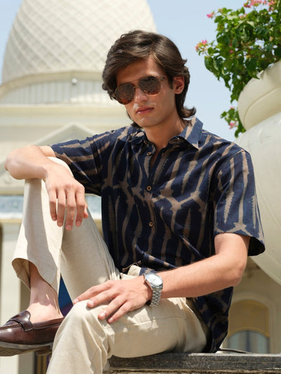Sanmoh - Indigo Block Print Organic Shirt | Half Sleeve – Mens Shirt by Vasudhaa Vastrram available on Brown Living™. S . SKU: VBLHS6S001M5005. Img 5.