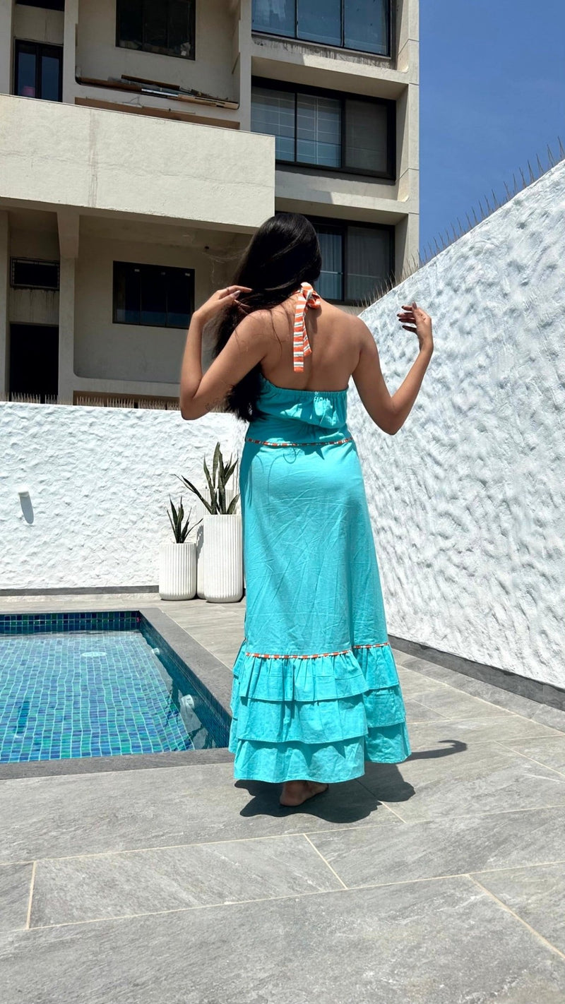 Sara Halter Neck Beach Handloom Cotton Dress Aqua | Verified Sustainable Womens Dress on Brown Living™
