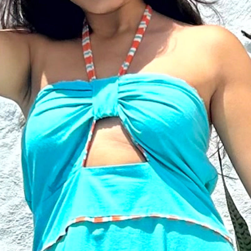 Sara Halter Neck Beach Handloom Cotton Dress Aqua | Verified Sustainable Womens Dress on Brown Living™