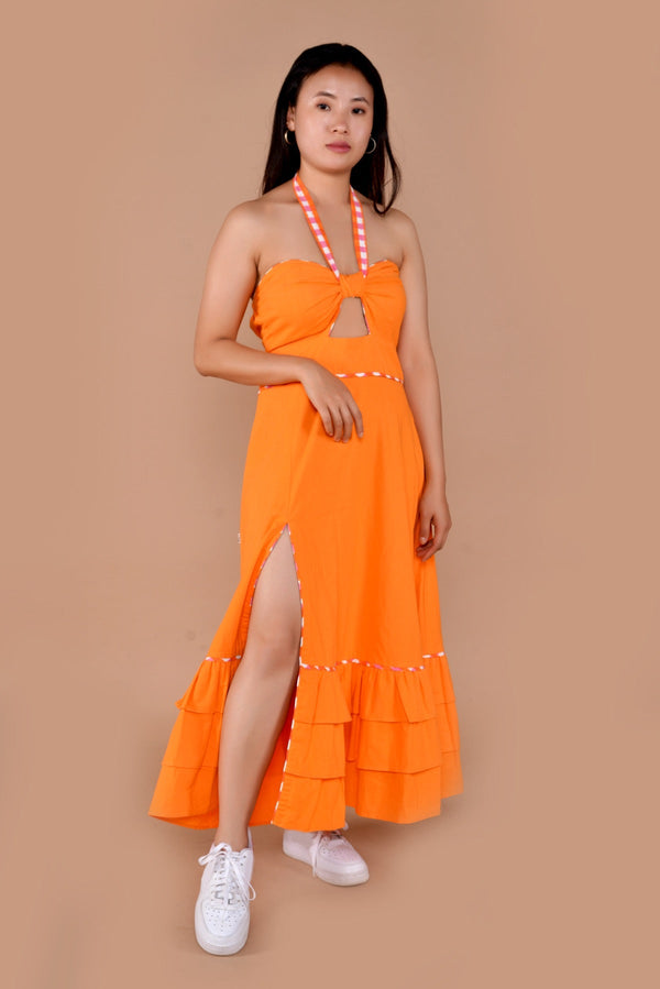 Sara Halter Neck Beach Handloom Cotton Dress Orange | Verified Sustainable Womens Dress on Brown Living™