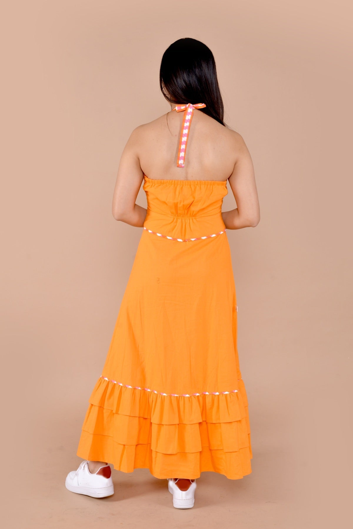 Sara Halter Neck Beach Handloom Cotton Dress Orange | Verified Sustainable by Brown Living™