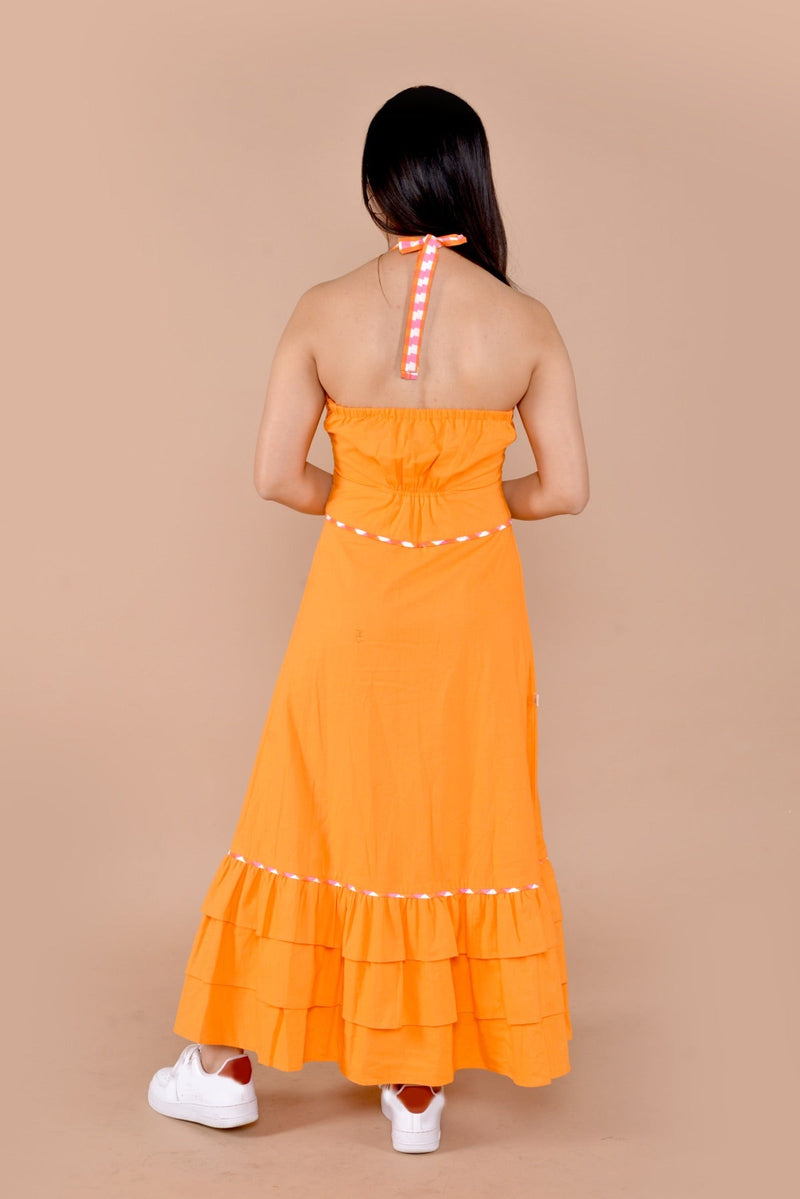 Sara Halter Neck Beach Handloom Cotton Dress Orange | Verified Sustainable Womens Dress on Brown Living™