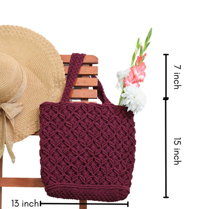 Maroon Macrame Tote Bag | Verified Sustainable by Brown Living™