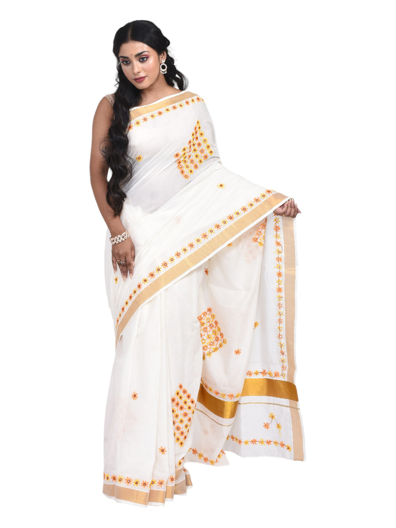 White Kerala Cotton Saree with Floral Hand Embroidery and Zari Border