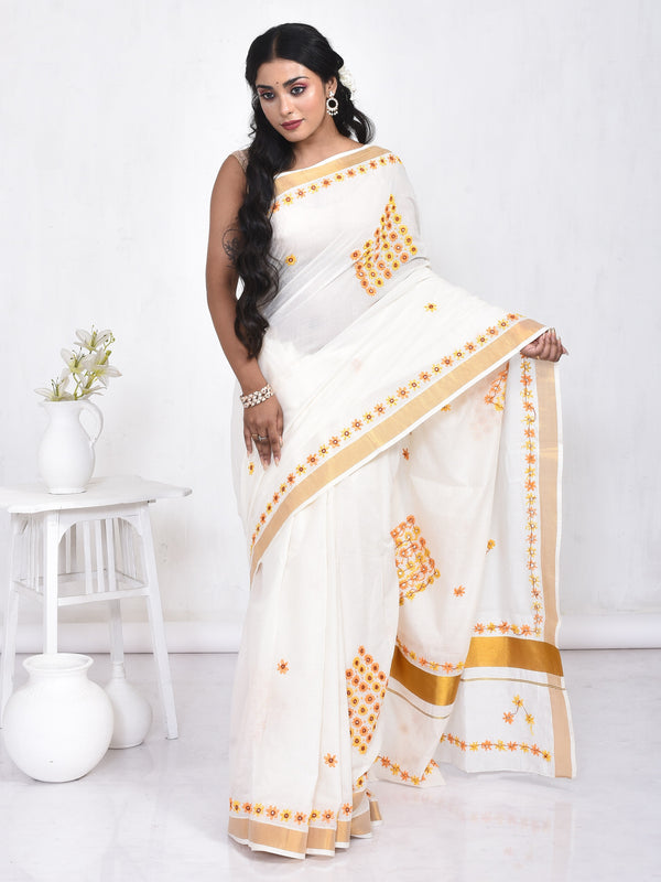 White Kerala Cotton Saree with Floral Hand Embroidery and Zari Border