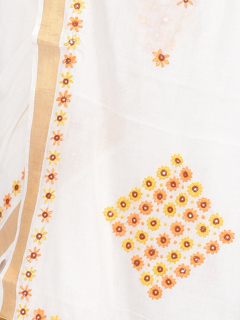 White Kerala Cotton Saree with Floral Hand Embroidery and Zari Border