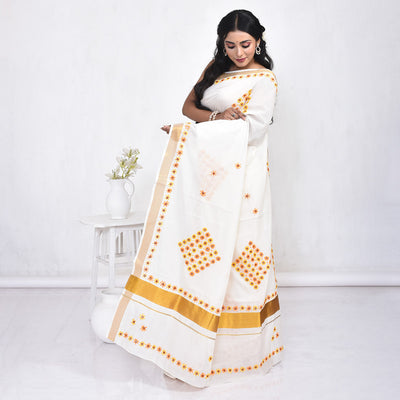 Kerala Cotton Saree with Hand Embroidery