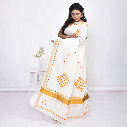Kerala Cotton Saree with Hand Embroidery