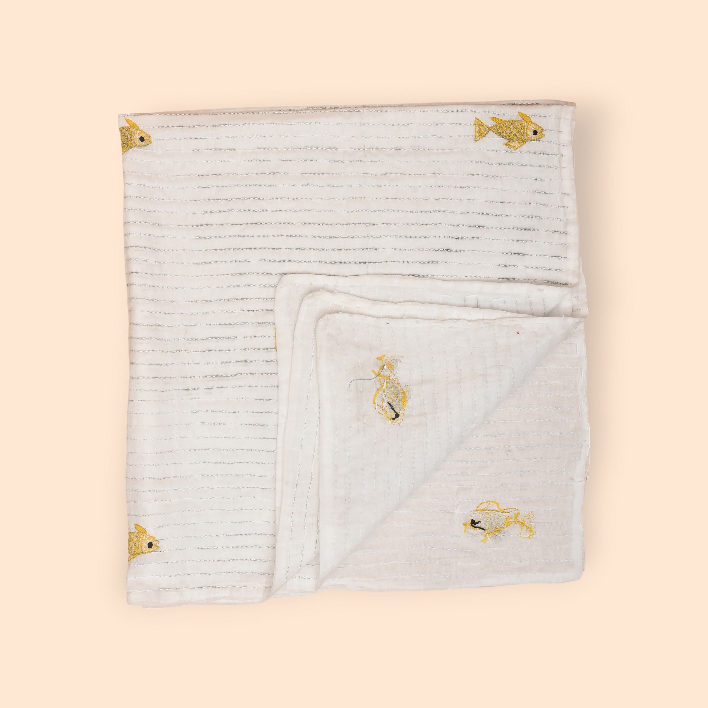 White Mulmul Fish Design Hand Embroidered Baby Nakshi Kantha