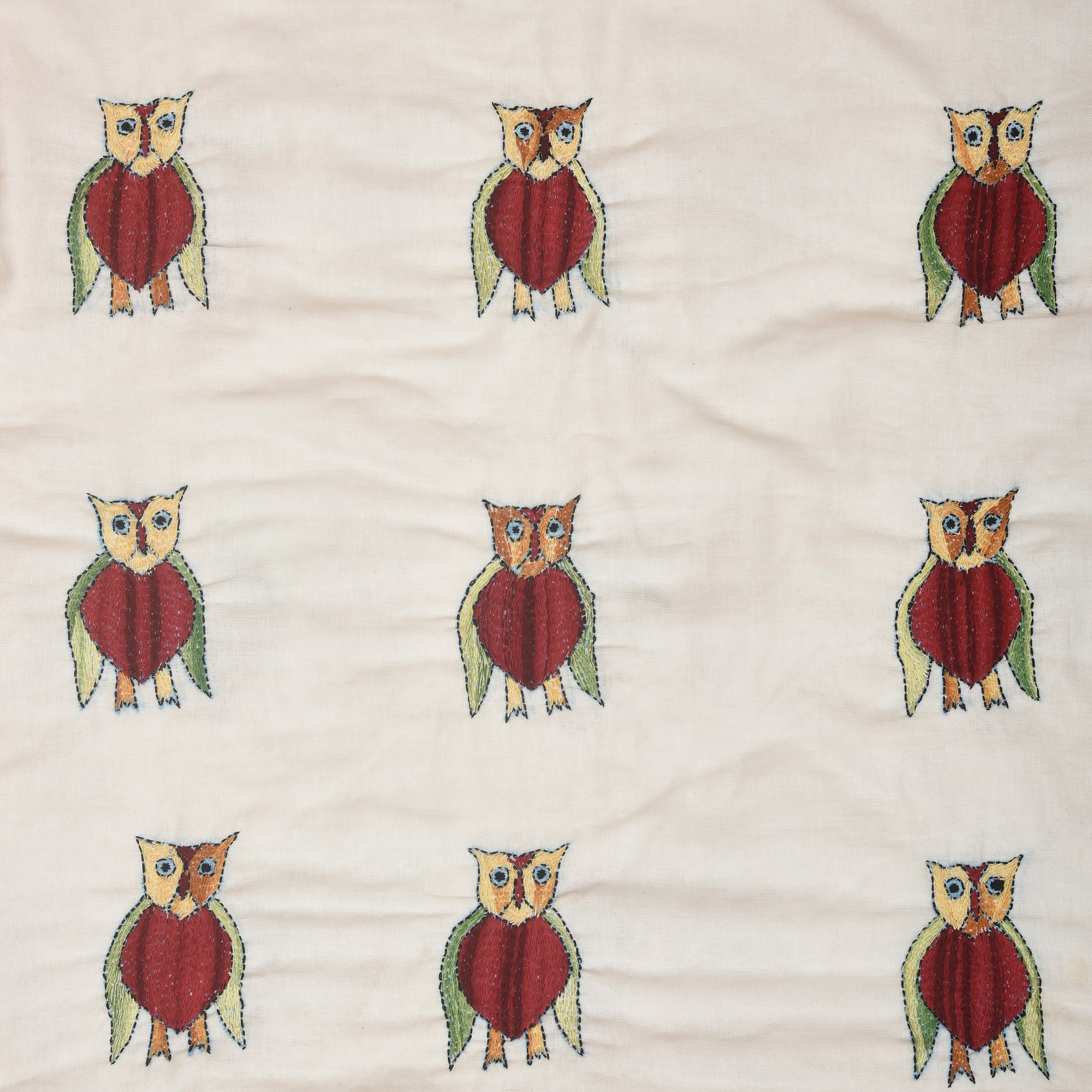 White Mulmul Owl Design Hand Embroidered Baby Nakshi Kantha