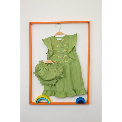 Saucy Shrimp Frill Dress | Green Cotton Dress for Baby Girls – Kids Daywear Sets on Brown Living™. SKU: MCBL11. Img 1.
