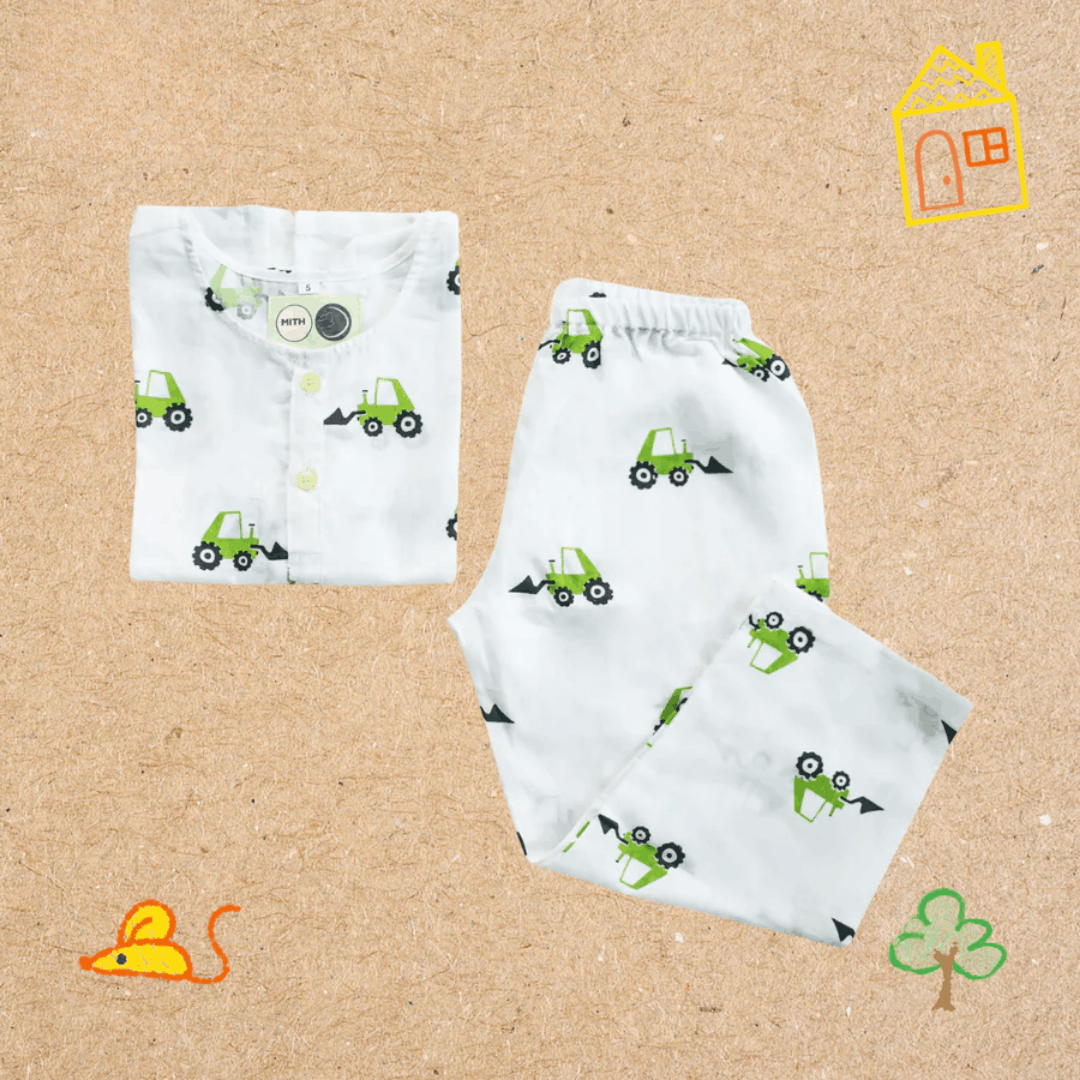 Scoopy Excavator - Unisex Kids Cotton Nightwear – Kids Pyjamas on Brown Living™. SKU: MITHNW-024-1. Img 1.