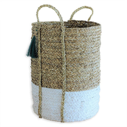 Seagrass Anthro Tassel Basket Green – Handwoven Eco Storage Basket – Home Decor on Brown Living™. SKU: AnthroTasselBasketGreenWhiteLarge. Img 8.