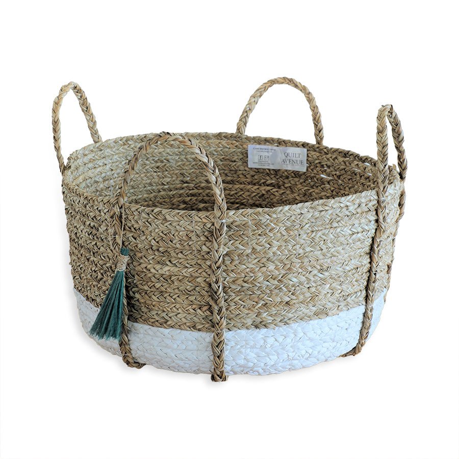 Seagrass Anthro Tassel Basket Green – Handwoven Eco Storage Basket – Home Decor on Brown Living™. SKU: AnthroTasselBasketGreenWhiteMedium. Img 7.