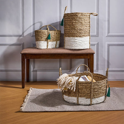 Seagrass Anthro Tassel Basket Green – Handwoven Eco Storage Basket – Home Decor on Brown Living™. SKU: AnthroTasselBasketGreenWhiteSmall. Img 1.