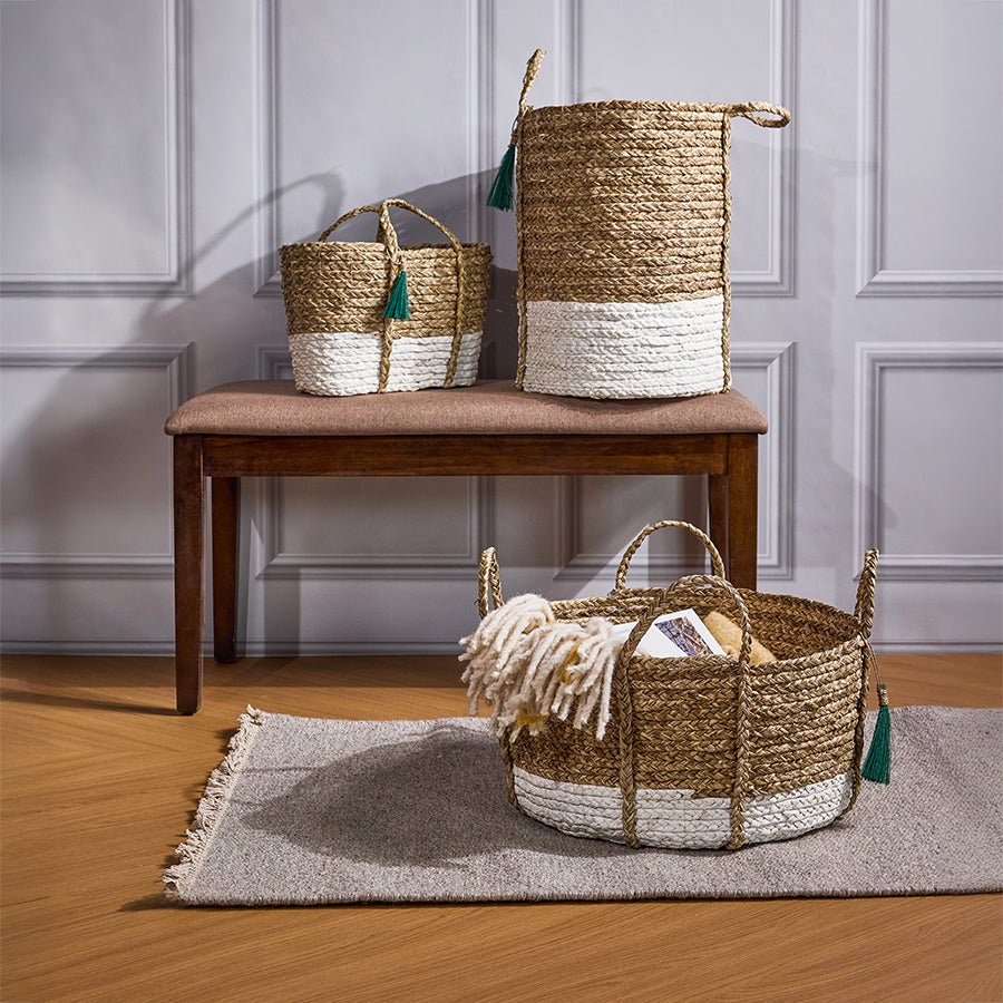 Seagrass Anthro Tassel Basket Green – Handwoven Eco Storage Basket – Home Decor on Brown Living™. SKU: AnthroTasselBasketGreenWhiteSmall. Img 1.