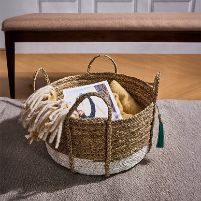 Seagrass Anthro Tassel Basket Green – Handwoven Eco Storage Basket – Home Decor on Brown Living™. SKU: AnthroTasselBasketGreenWhiteSmall. Img 2.