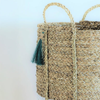 Seagrass Anthro Tassel Basket Green – Handwoven Eco Storage Basket – Home Decor on Brown Living™. SKU: AnthroTasselBasketGreenWhiteSmall. Img 6.