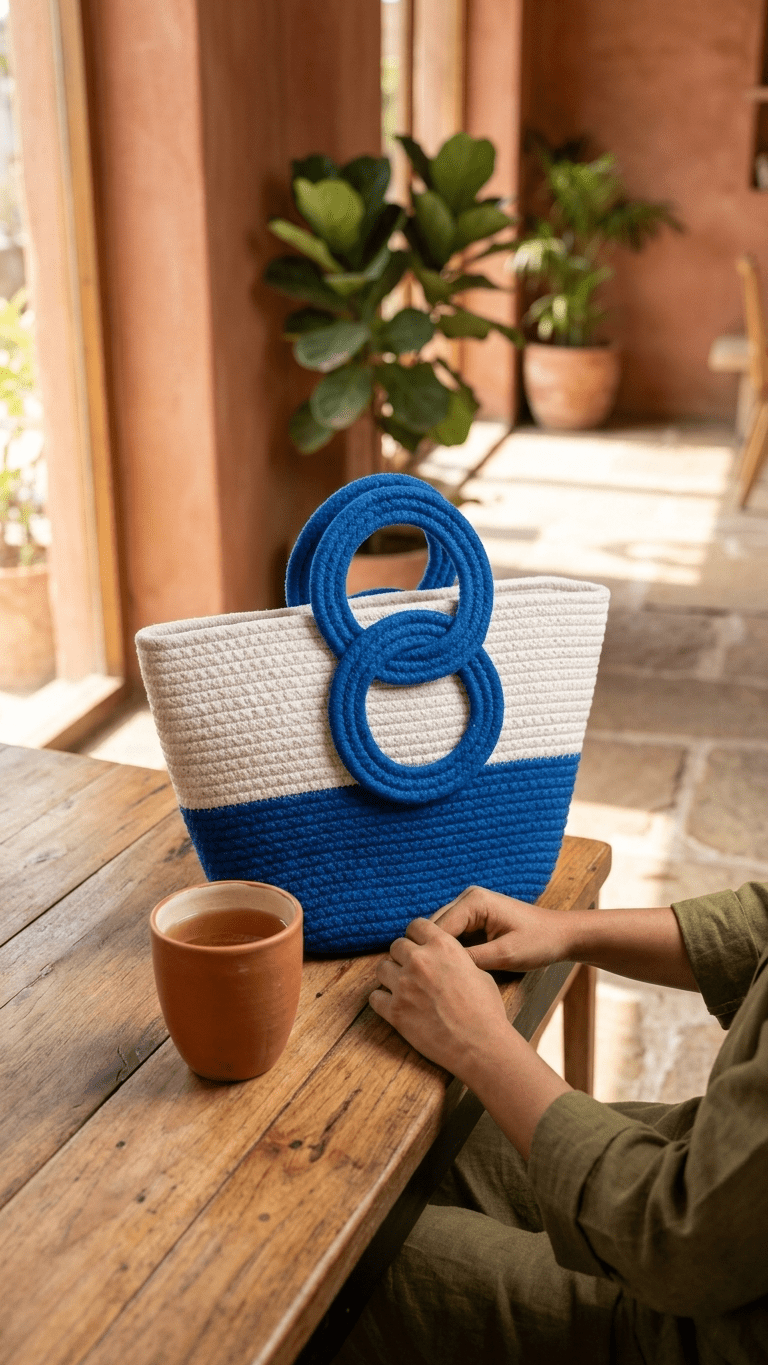 Seaside Loop Tote Bag Blue & White Cotton Carry Bag – Womens Handbag on Brown Living™. SKU: OEP945. Img 4.
