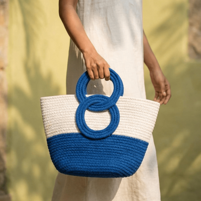Seaside Loop Tote Bag Blue & White Cotton Carry Bag – Womens Handbag on Brown Living™. SKU: OEP945. Img 1.