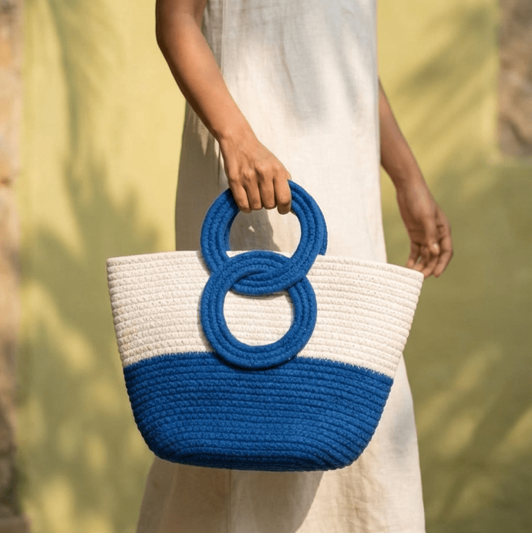 Seaside Loop Tote Bag Blue & White Cotton Carry Bag – Womens Handbag on Brown Living™. SKU: OEP945. Img 1.