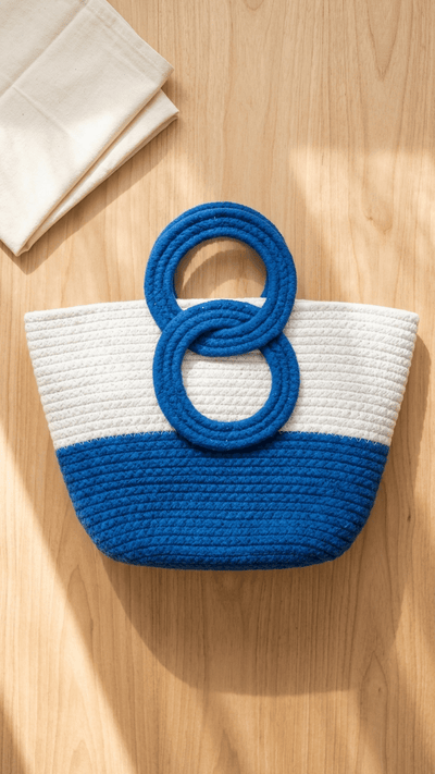 Seaside Loop Tote Bag Blue & White Cotton Carry Bag – Womens Handbag on Brown Living™. SKU: OEP945. Img 2.