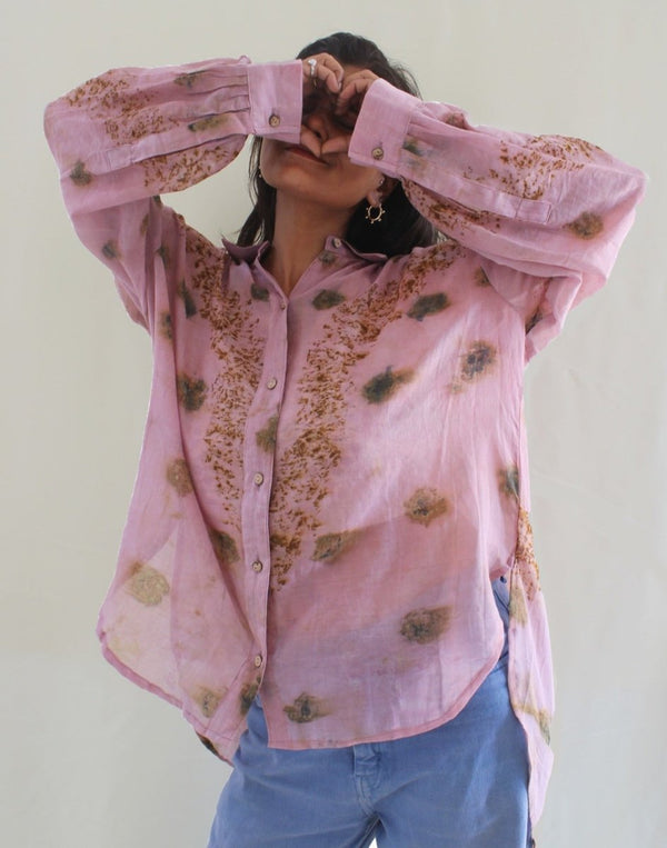 Seimei Handwoven Mul Shirt Marigolds Roses And Lac Pink | Verified Sustainable Womens Shirt on Brown Living™