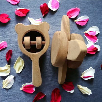 Sensory Developing Neem Wooden Flower Tumbler & Mickey Head Rattle – Baby Rattles on Brown Living™. SKU: R_FLTMBLR-MKHD. Img 1.