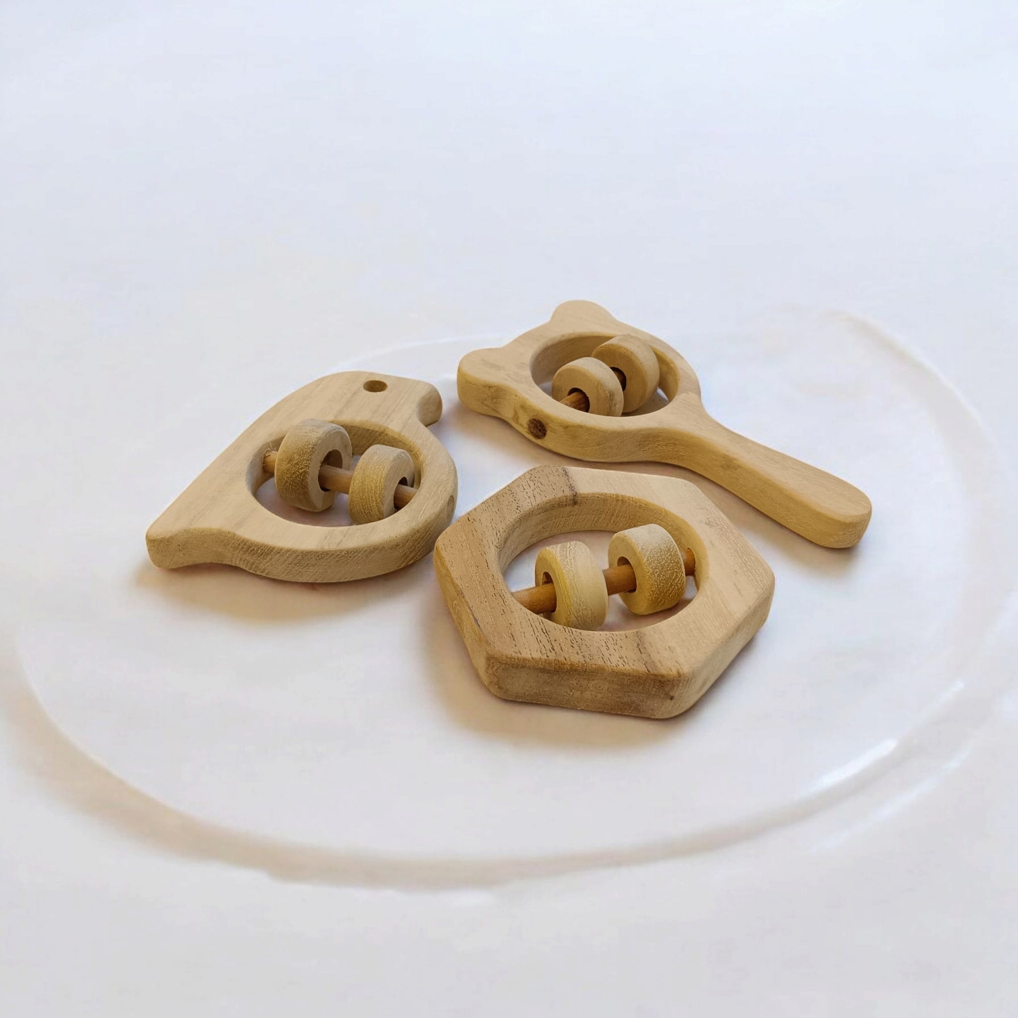 Sensory Developing Rattles – Sparrow, Mickey Head & Hexagon Shaped – Baby Rattles on Brown Living™. SKU: R_SPR-MKHD-HXN. Img 2.