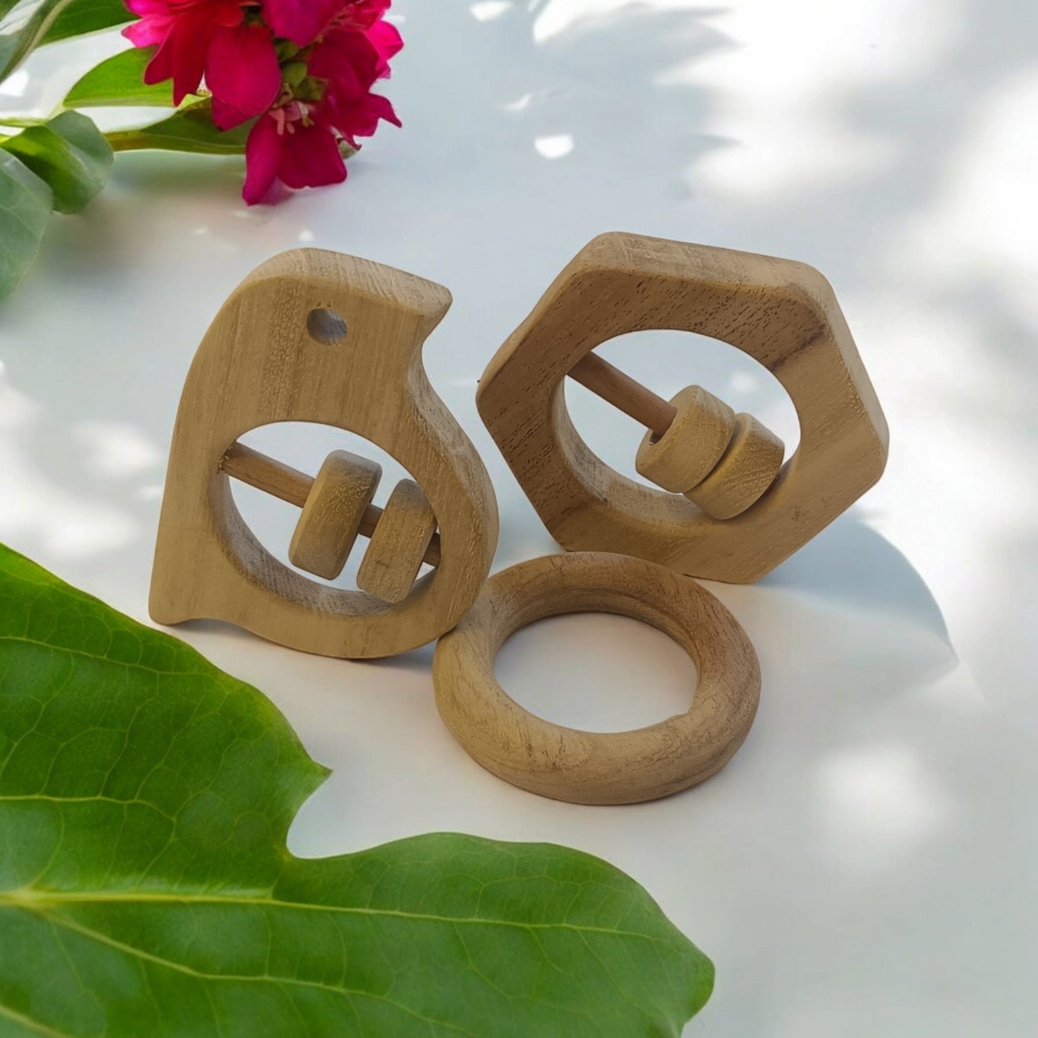Sensory Developing Rattles & Teether Made From Pure Neem Wood – Wooden Toys on Brown Living™. SKU: RT_SPR-HXN-RNG. Img 2.