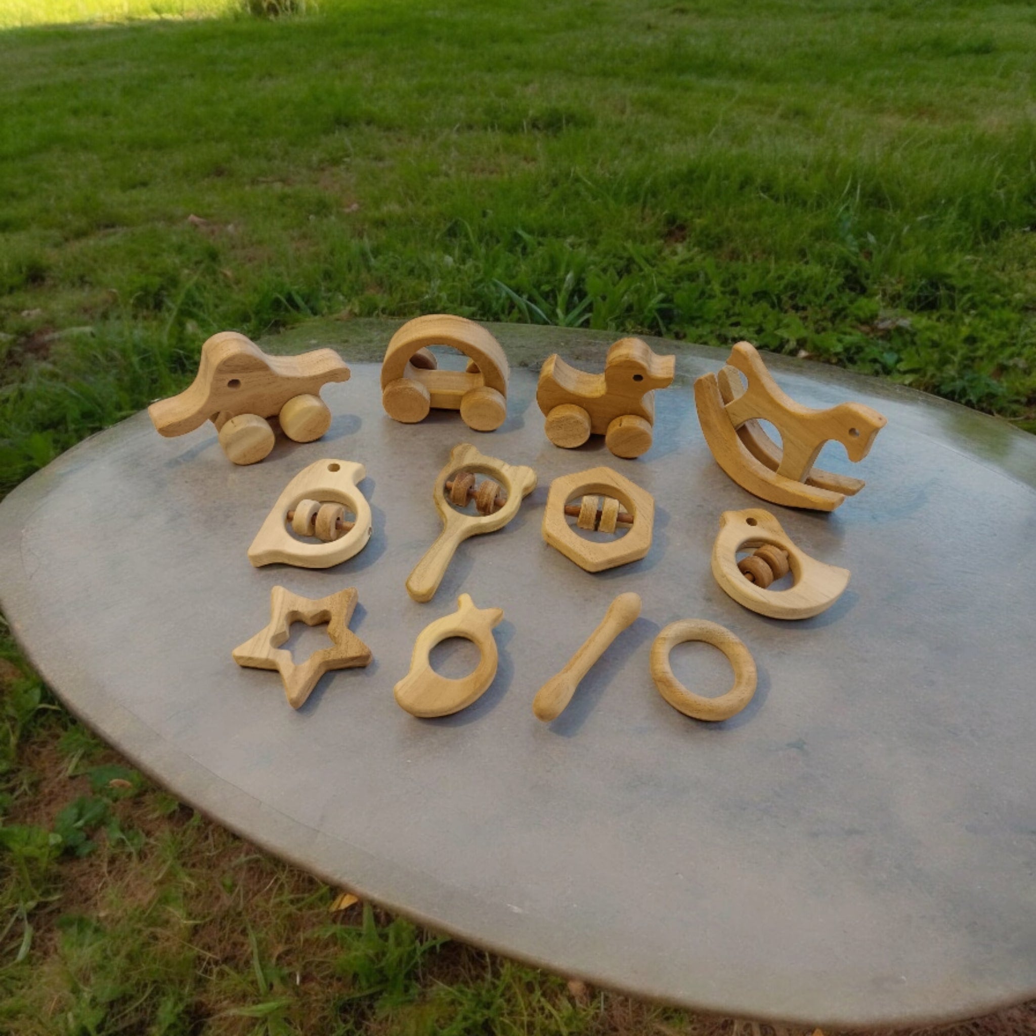 Set of 12 Neem Wooden Toys for Kids | Joyful Gifting Play Set – Wooden Toys on Brown Living™. SKU: SWRT_SHRS-DK-HCR-ELP-MKHD-HXN-SPR-DV-STR-MNG-DBL-RNG. Img 2.