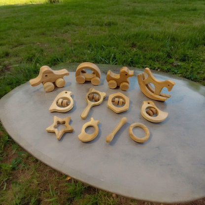 Set of 12 Neem Wooden Toys for Kids | Joyful Gifting Play Set – Wooden Toys on Brown Living™. SKU: SWRT_SHRS-DK-HCR-ELP-MKHD-HXN-SPR-DV-STR-MNG-DBL-RNG. Img 2.