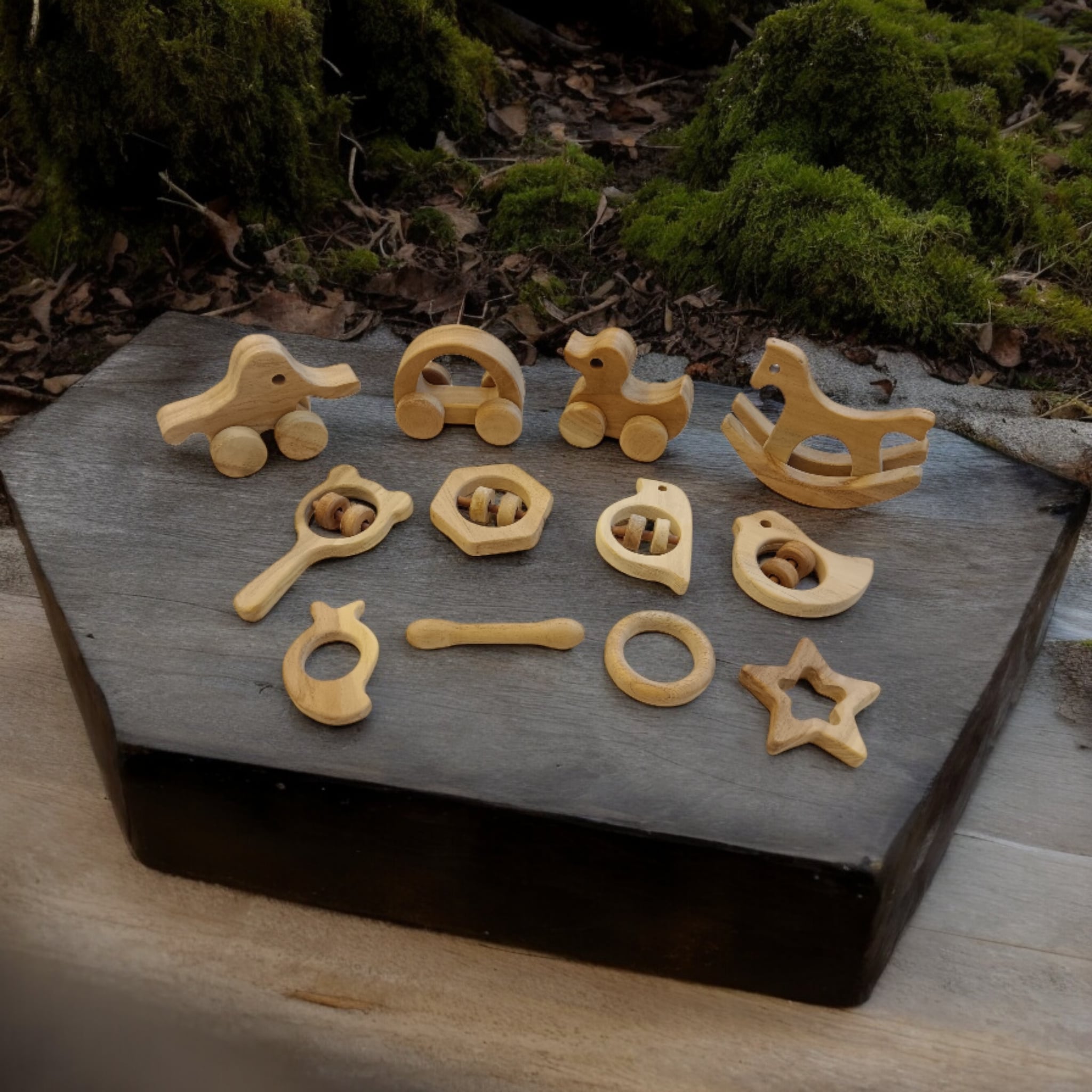 Set of 12 Neem Wooden Toys for Kids | Joyful Gifting Play Set – Wooden Toys on Brown Living™. SKU: SWRT_SHRS-DK-HCR-ELP-MKHD-HXN-SPR-DV-STR-MNG-DBL-RNG. Img 1.