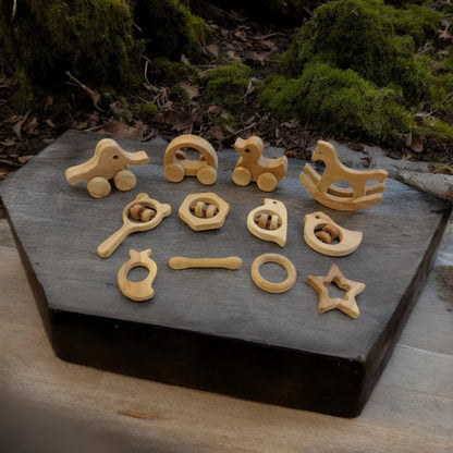 Set of 12 Neem Wooden Toys for Kids | Joyful Gifting Play Set – Wooden Toys on Brown Living™. SKU: SWRT_SHRS-DK-HCR-ELP-MKHD-HXN-SPR-DV-STR-MNG-DBL-RNG. Img 1.