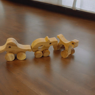 Set Of 3 Jungle Animal Neem Wooden Wheel Toys For Toddlers – Toy Trains & Vehicles on Brown Living™. SKU: W_HRS-ELP-HPO. Img 3.