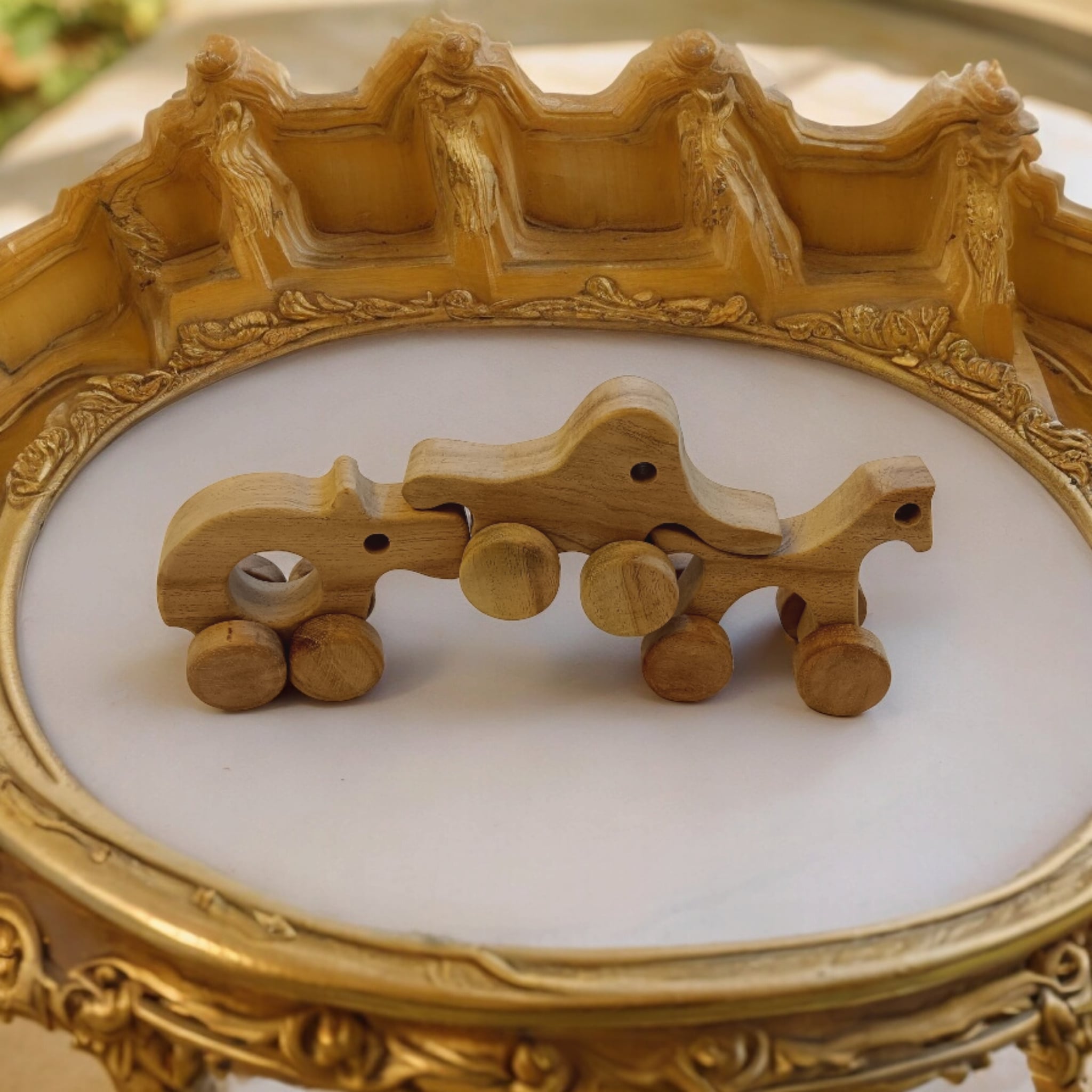 Set Of 3 Jungle Animal Neem Wooden Wheel Toys For Toddlers – Toy Trains & Vehicles on Brown Living™. SKU: W_HRS-ELP-HPO. Img 2.