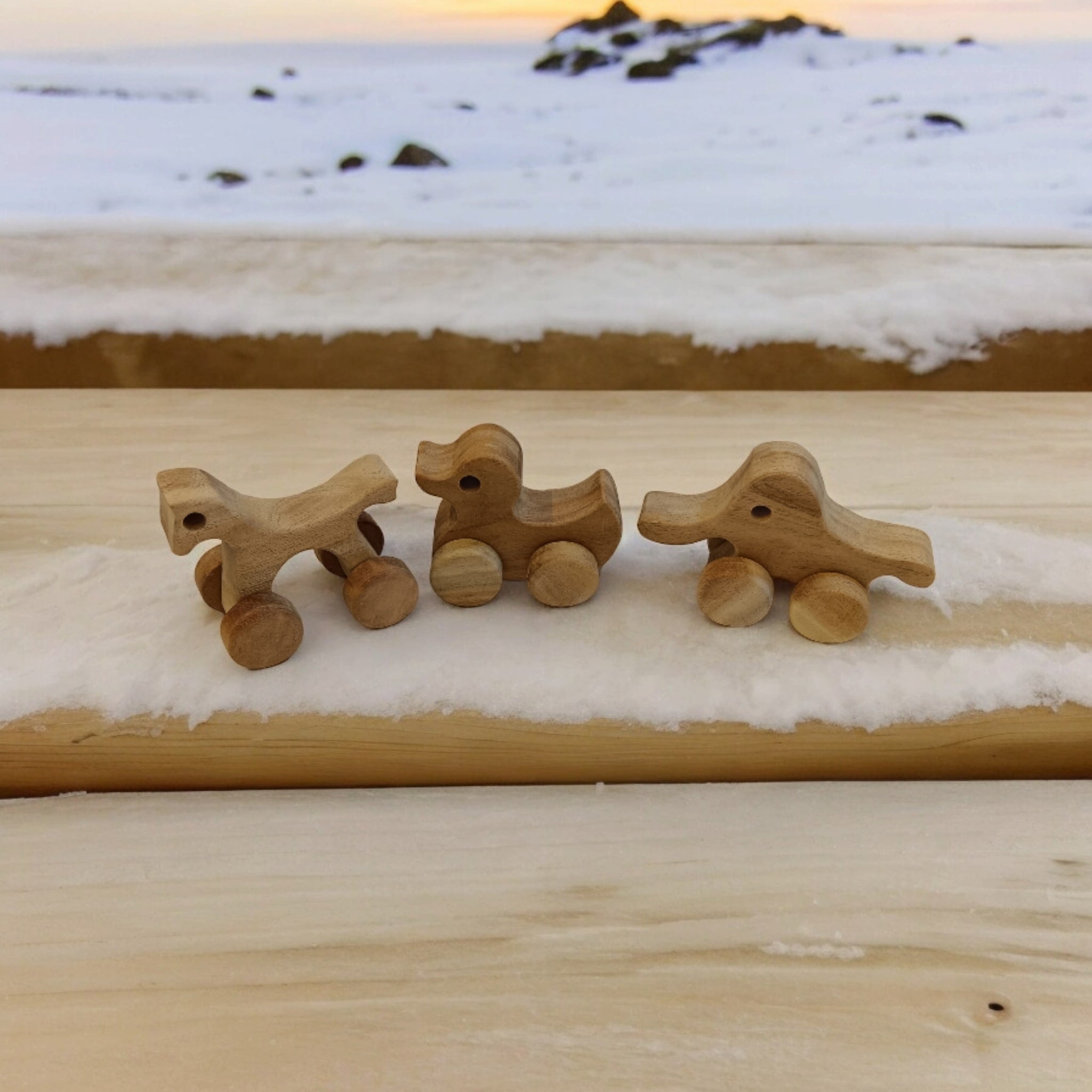 Set Of 3 Neem Wooden Wheel Toys – Horse, Elephant & Duck Shapes – Toy Trains & Vehicles on Brown Living™. SKU: W_HRS-ELP-DK. Img 7.