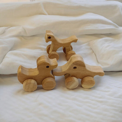 Set Of 3 Neem Wooden Wheel Toys – Horse, Elephant & Duck Shapes – Toy Trains & Vehicles on Brown Living™. SKU: W_HRS-ELP-DK. Img 5.