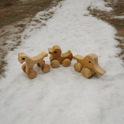 Set Of 3 Neem Wooden Wheel Toys – Horse, Elephant & Duck Shapes – Toy Trains & Vehicles on Brown Living™. SKU: W_HRS-ELP-DK. Img 6.