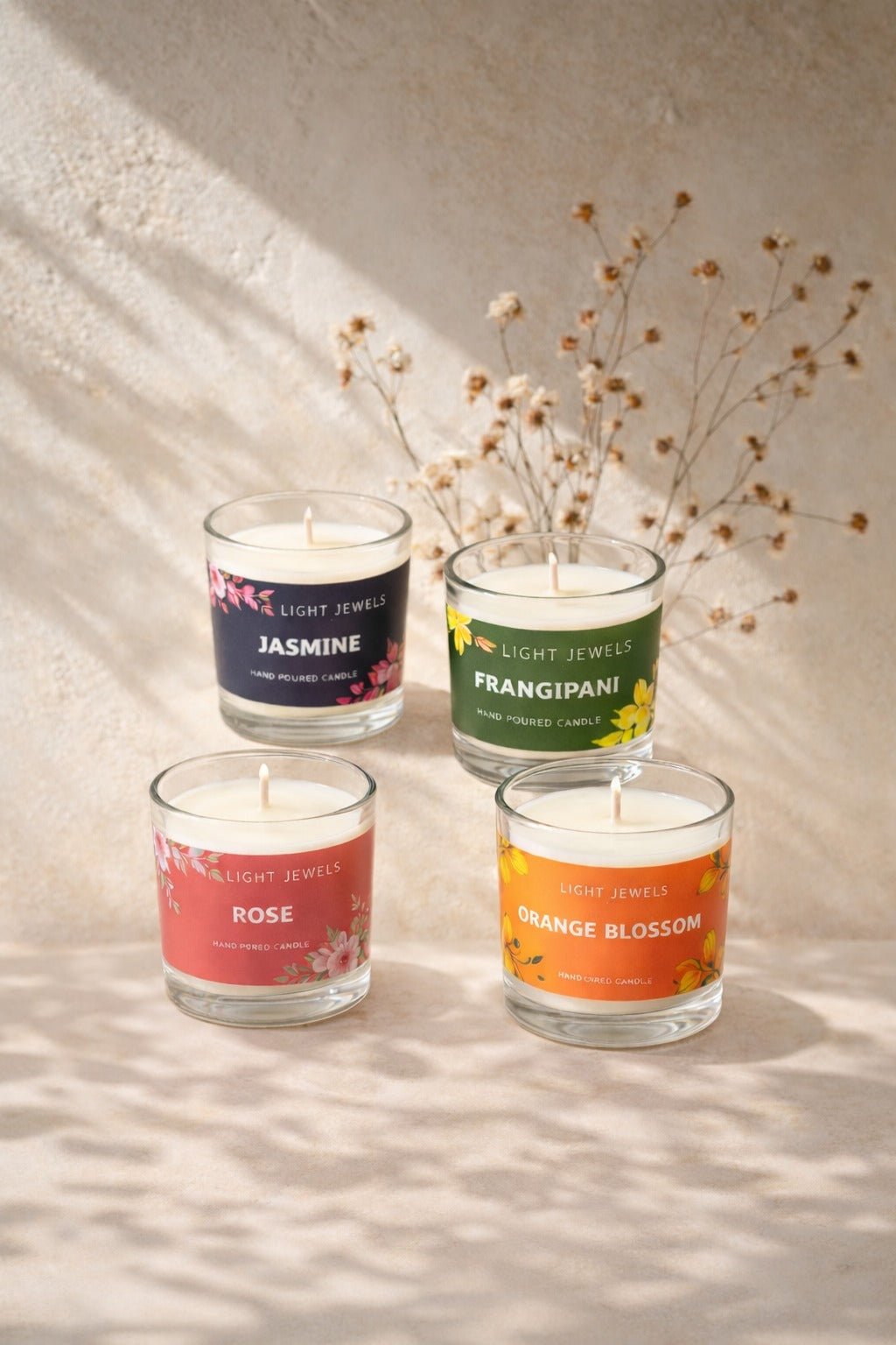 Set Of 4 Floral Soy Wax Glass Candle Votives | Scented Candles – Candles & Fragrances on Brown Living™. SKU: SN2574. Img 1.