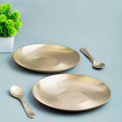 Set of 6 Matt Finish Handmade Bronze Breakfast Plate with Spoon – Dinner Set on Brown Living™. SKU: Bronze - Breakfast - Plate - 6 - set - 2760g - packof12. Img 1.