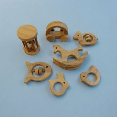 Set of 7 Joyful Neem Wooden Toys for Toddlers | Sensory Play Set – Wooden Toys on Brown Living™. SKU: SWRT_SHRS-TMBLR-HCR-FSH-RBT-DV-RBT. Img 3.