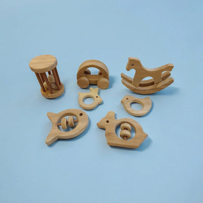 Set of 7 Joyful Neem Wooden Toys for Toddlers | Sensory Play Set – Wooden Toys on Brown Living™. SKU: SWRT_SHRS-TMBLR-HCR-FSH-RBT-DV-RBT. Img 1.