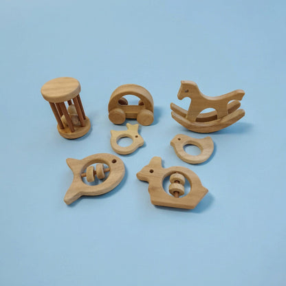 Set of 7 Joyful Neem Wooden Toys for Toddlers | Sensory Play Set – Wooden Toys on Brown Living™. SKU: SWRT_SHRS-TMBLR-HCR-FSH-RBT-DV-RBT. Img 1.