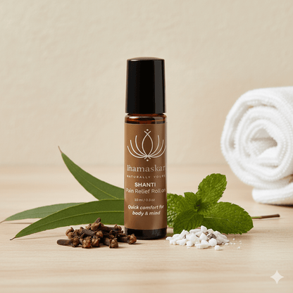 Shanti Pain Relief Roll On | Ayurvedic Muscle & Joint Relief Oil |10ml – Body Oil on Brown Living™. SKU: SHA-WEL-1-NAM. Img 1.