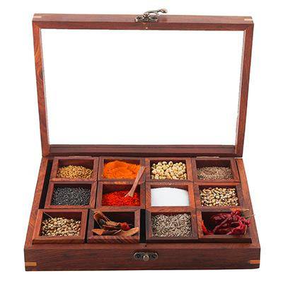 Sheesham Wood 12 Containers Spice Box with Spoon – Kitchen Organizers on Brown Living™. SKU: BLSC1048651. Img 3.