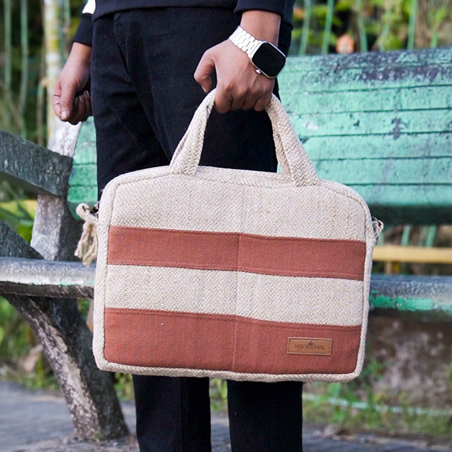 Shiro White Hemp Laptop Bag | Eco Friendly Office & Travel Laptop Bag – Laptop Sleeve on Brown Living™. SKU: OGESSH0501. Img 2.