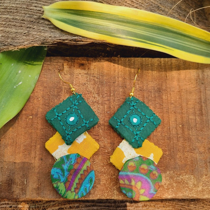 Shravan Upcycled Textile Earring - Green and Yellow | Verified Sustainable by Brown Living™